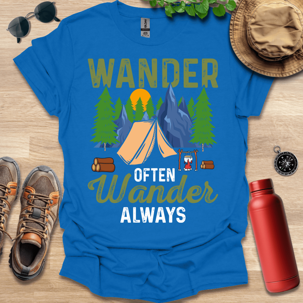 a blue shirt with a tent and trees on it