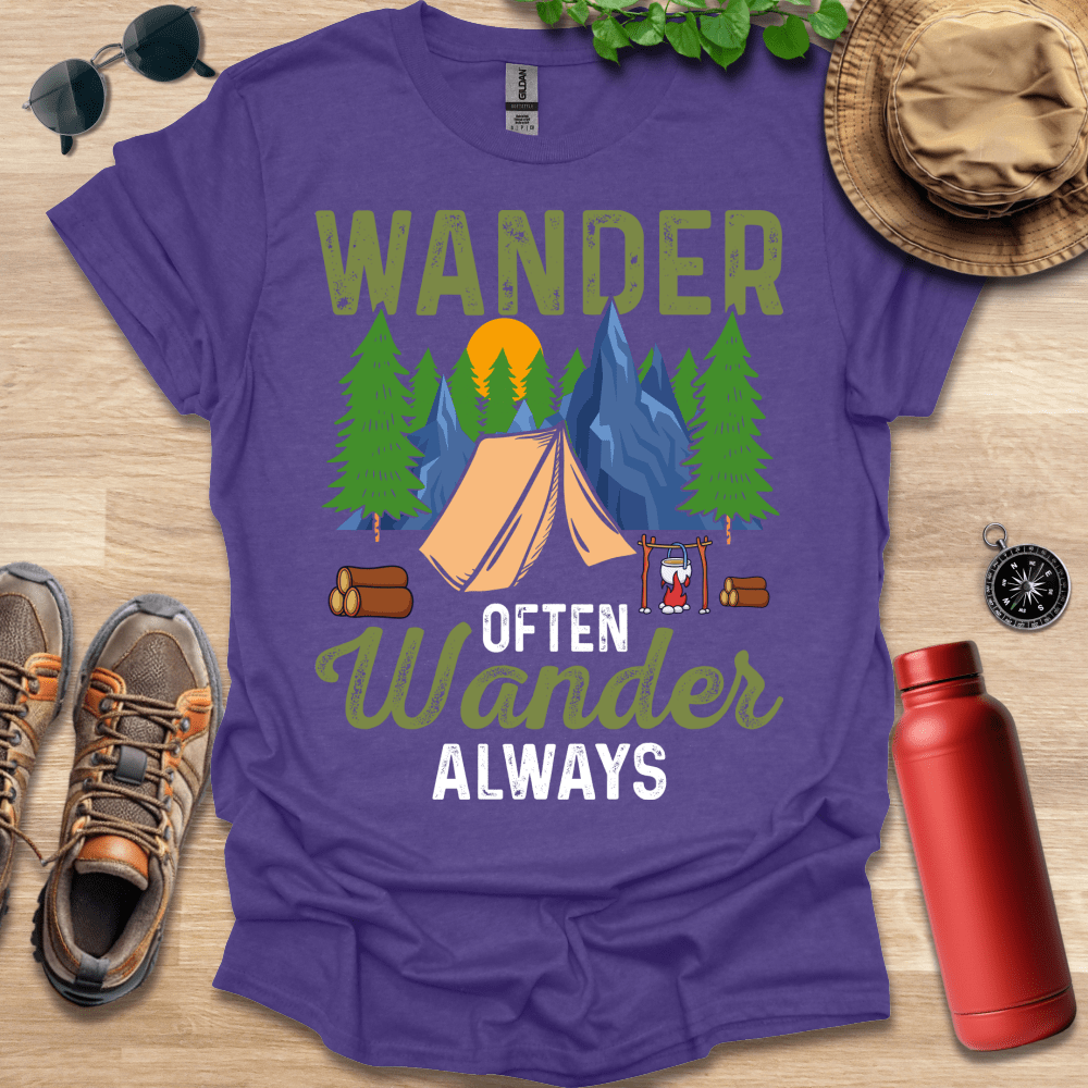 a purple shirt with a tent and trees on it