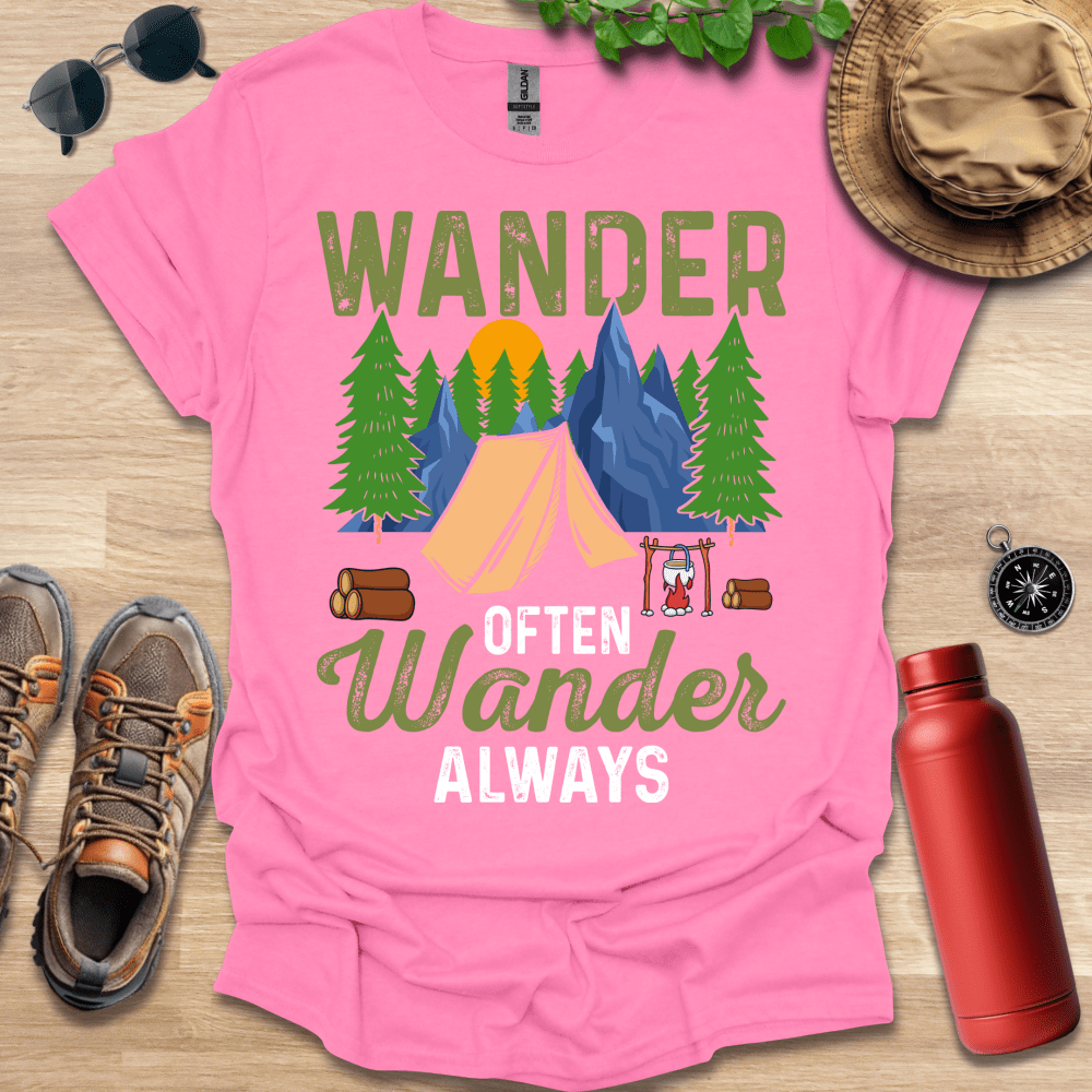 a pink t - shirt with a camping scene on it