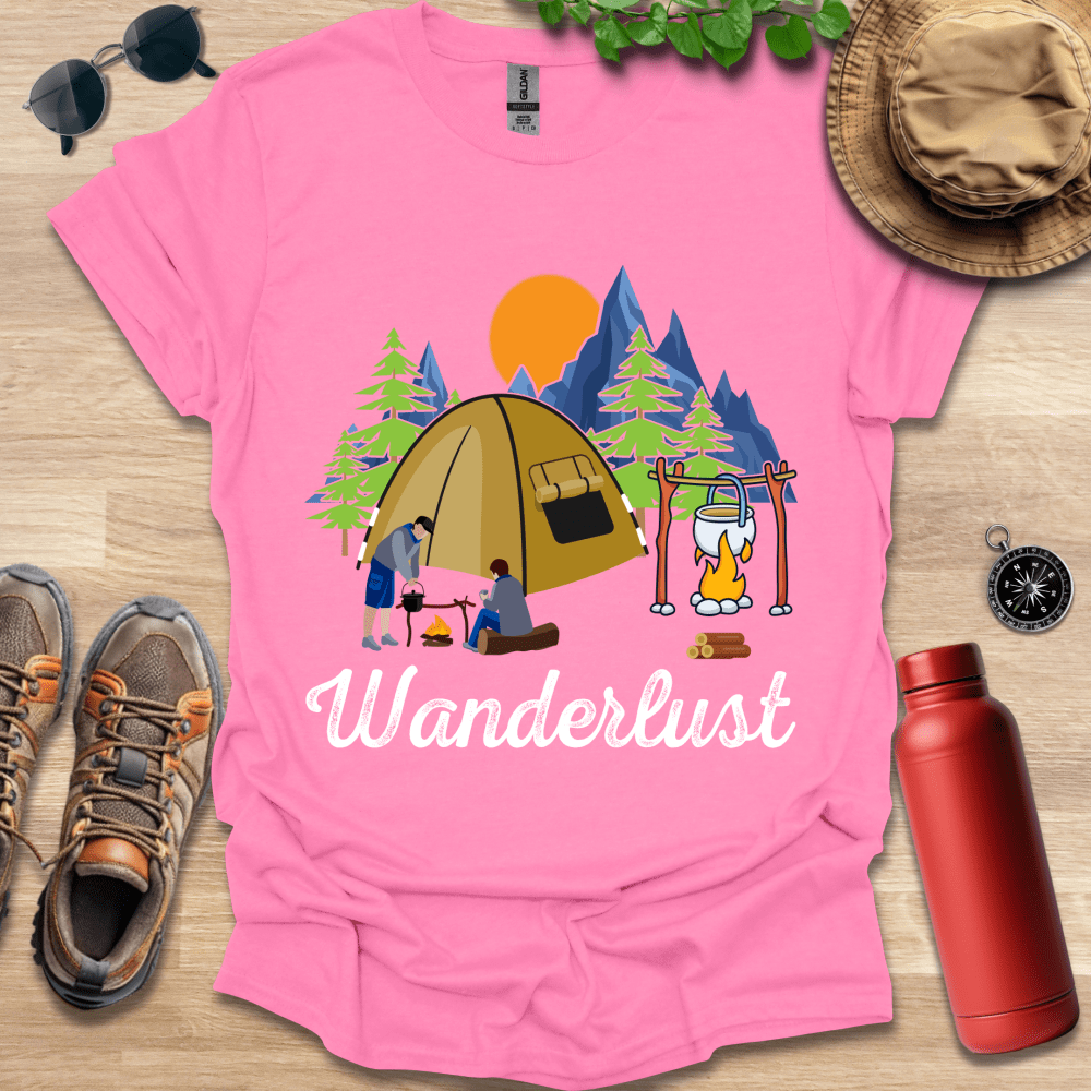 a pink shirt with a picture of a camper and a tent