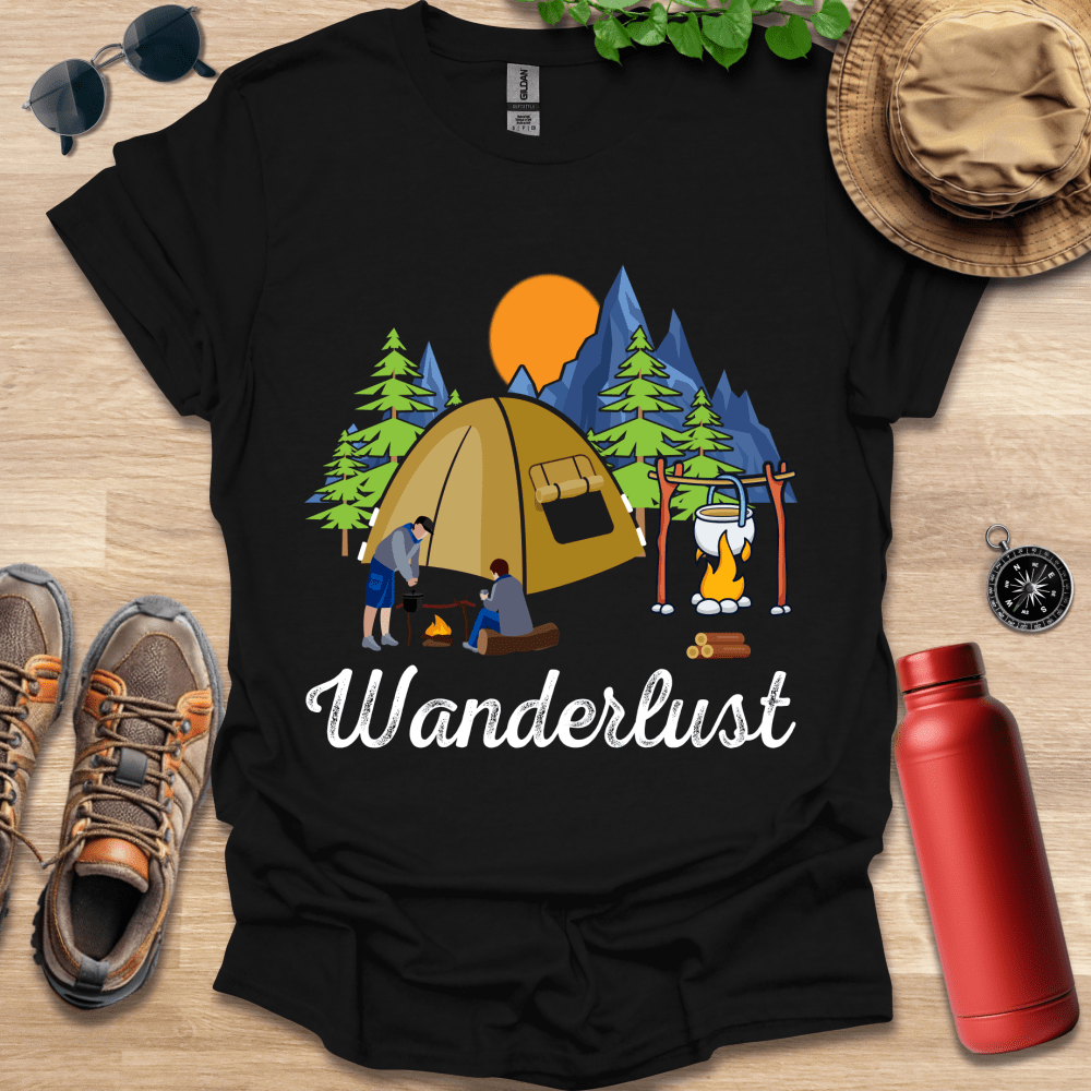 a shirt that says wanderlust with a picture of a camper and a