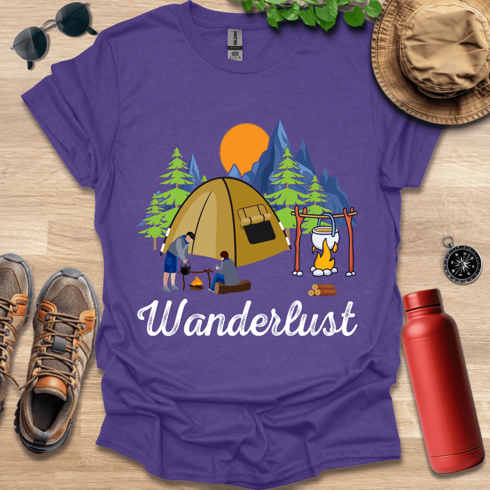 a purple shirt that says wanderlust with a picture of a tent and a