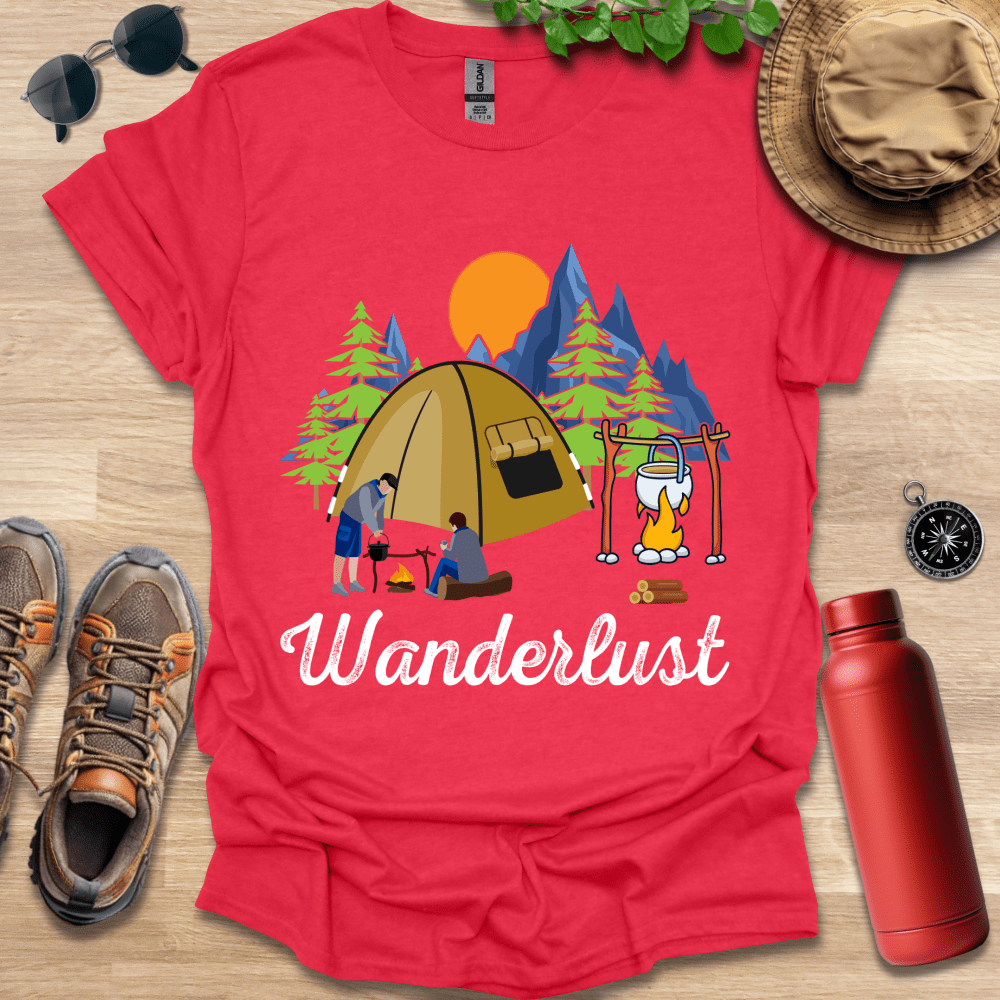 a red shirt with a picture of a camper and a tent