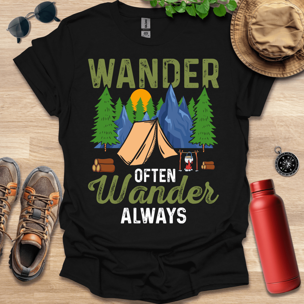 a black shirt with a tent and trees on it