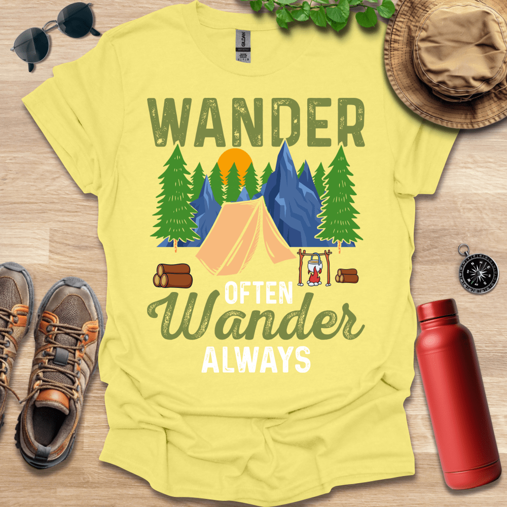 a yellow t - shirt with a tent and trees on it