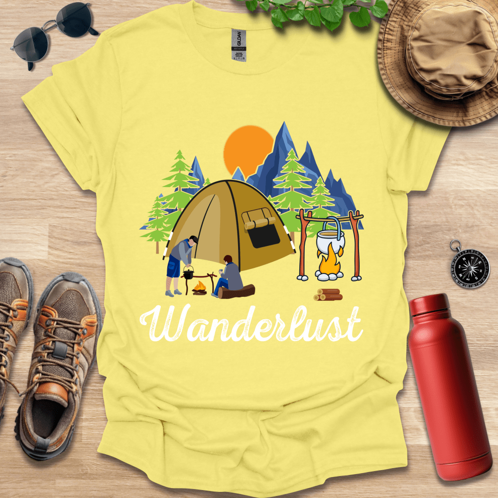 a yellow t - shirt with a picture of a tent and trees