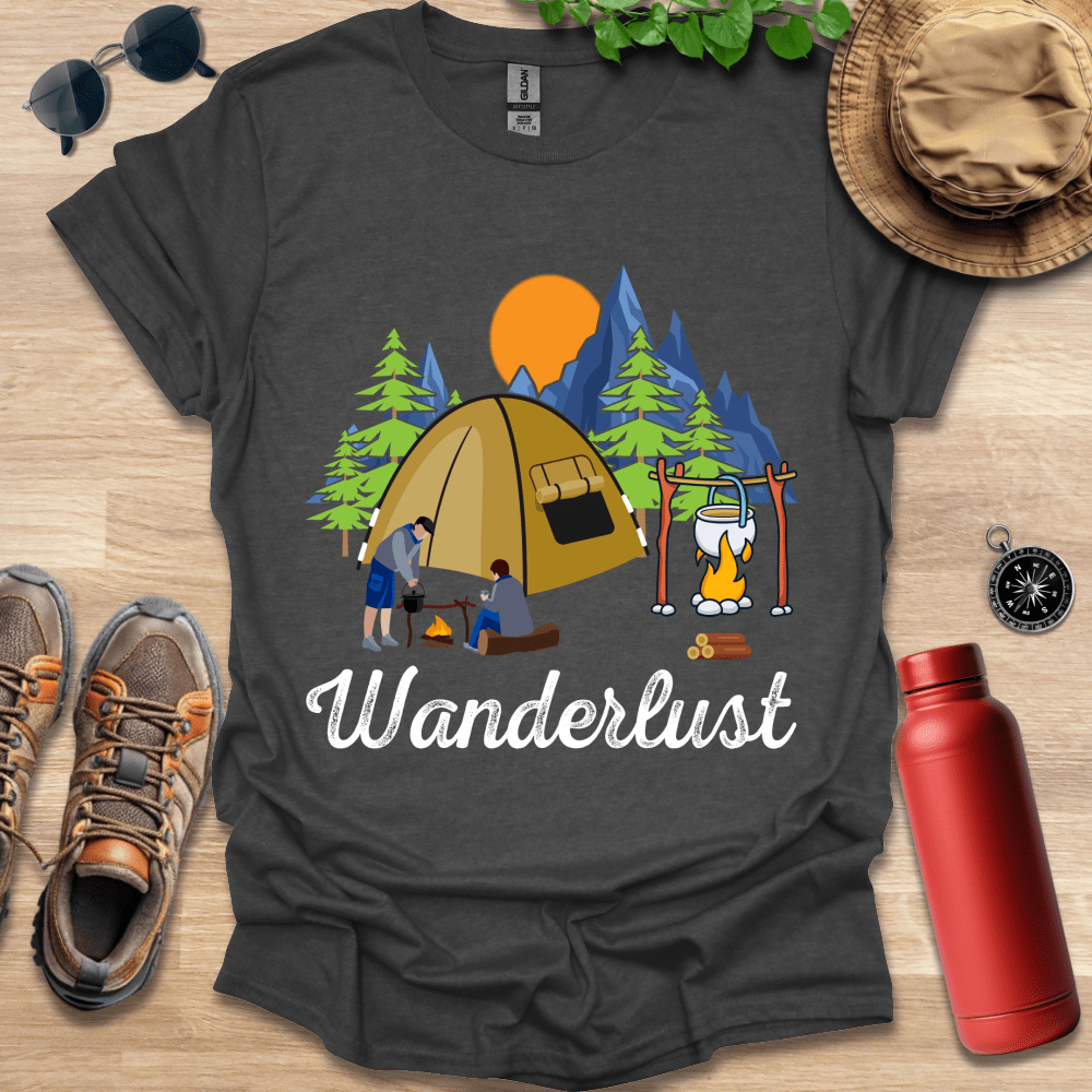 a t - shirt that says wanderlust with a picture of a tent and