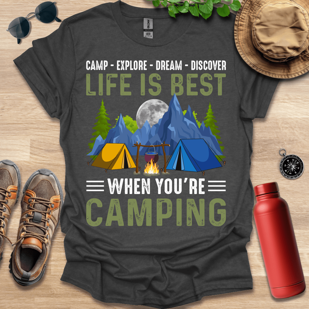 a t - shirt that reads camp explore dream discovery life is best when you '