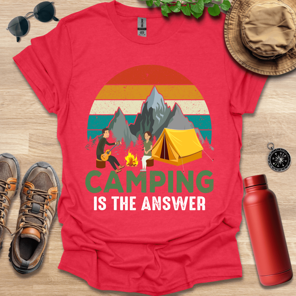 a red shirt that says camping is the answer