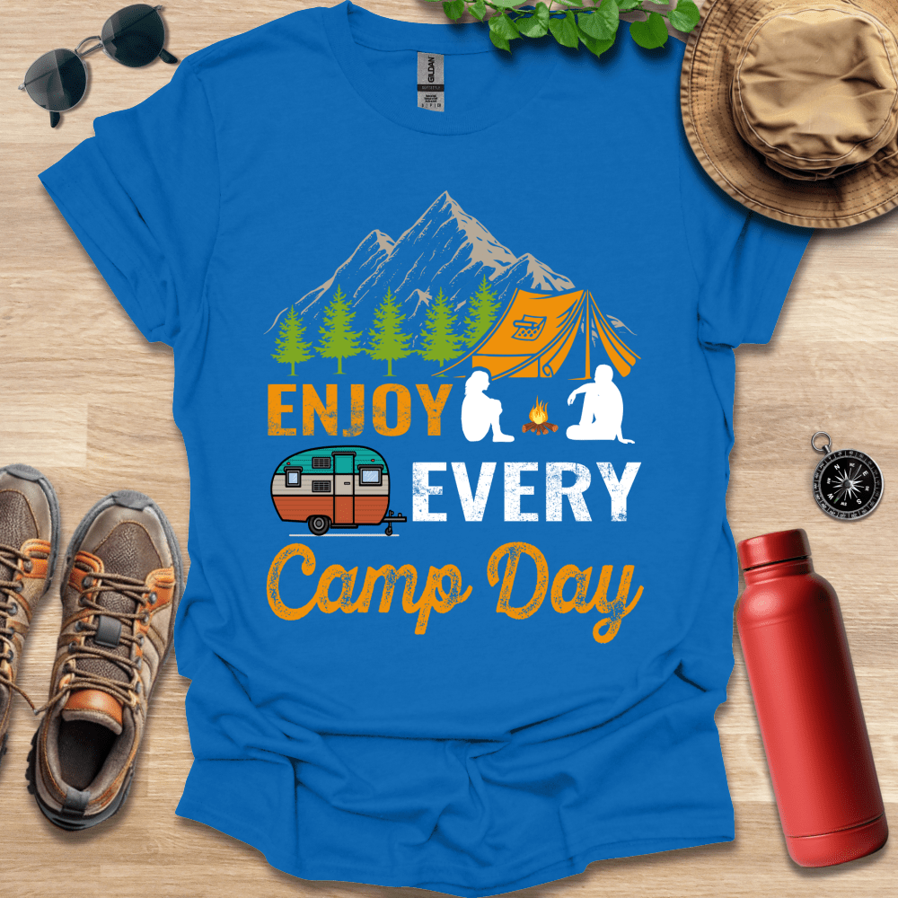 a blue shirt that says enjoy every camp day