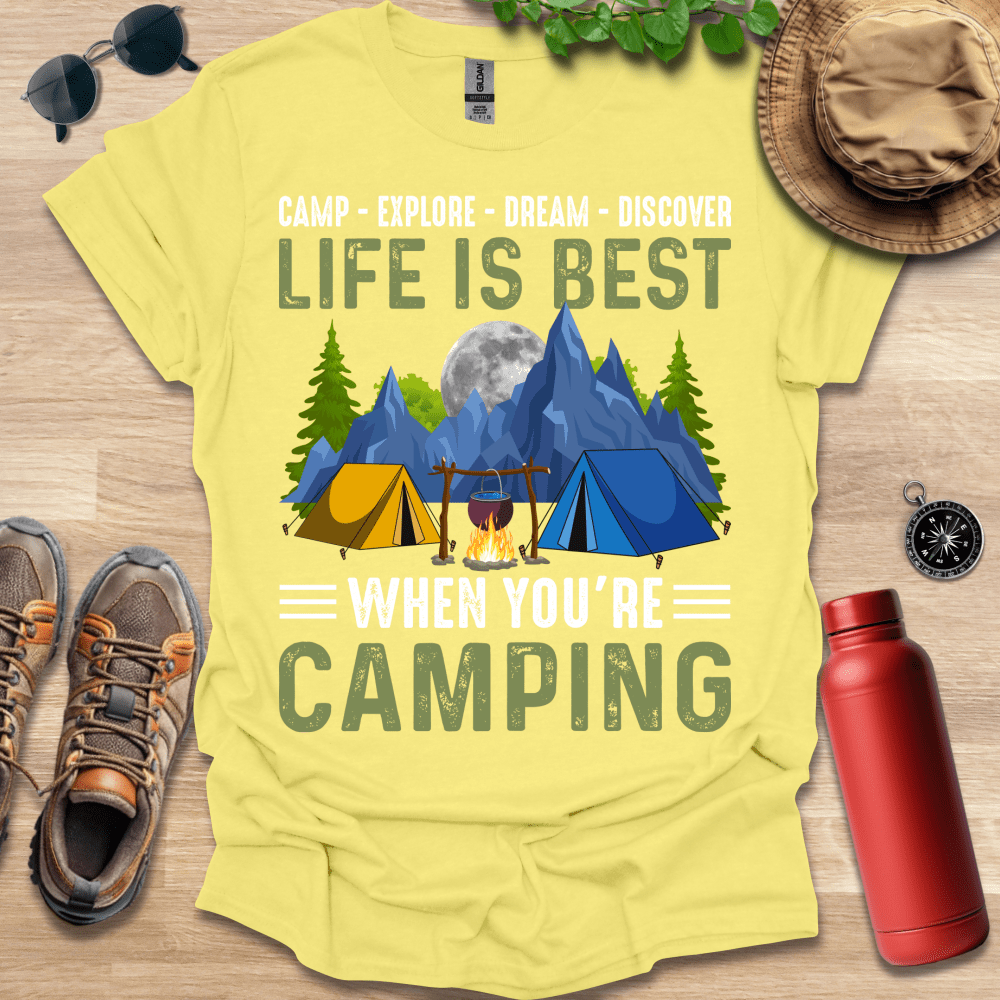 a t - shirt that says camp - explore - dream - discovery life is best