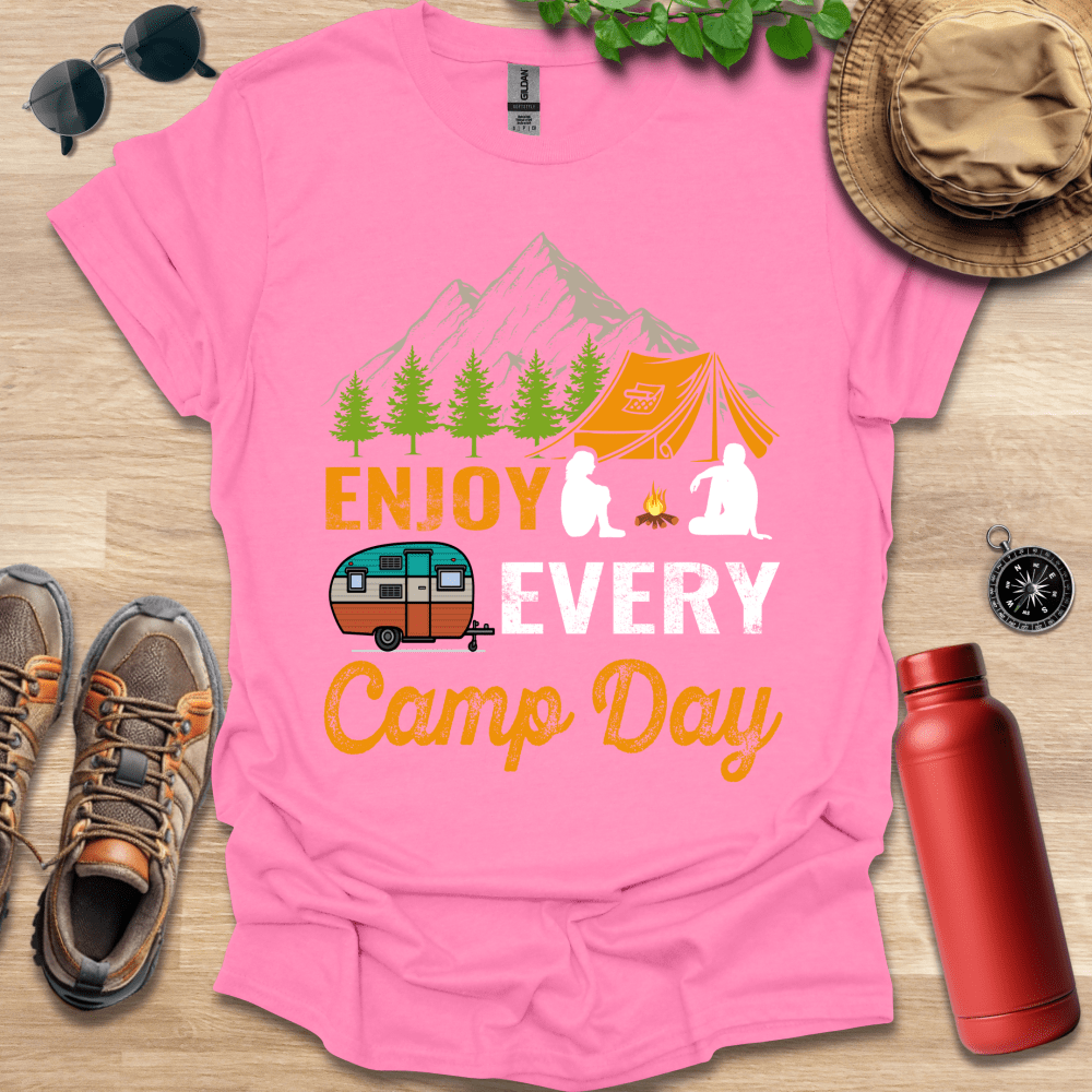 a pink shirt that says enjoy every camp day