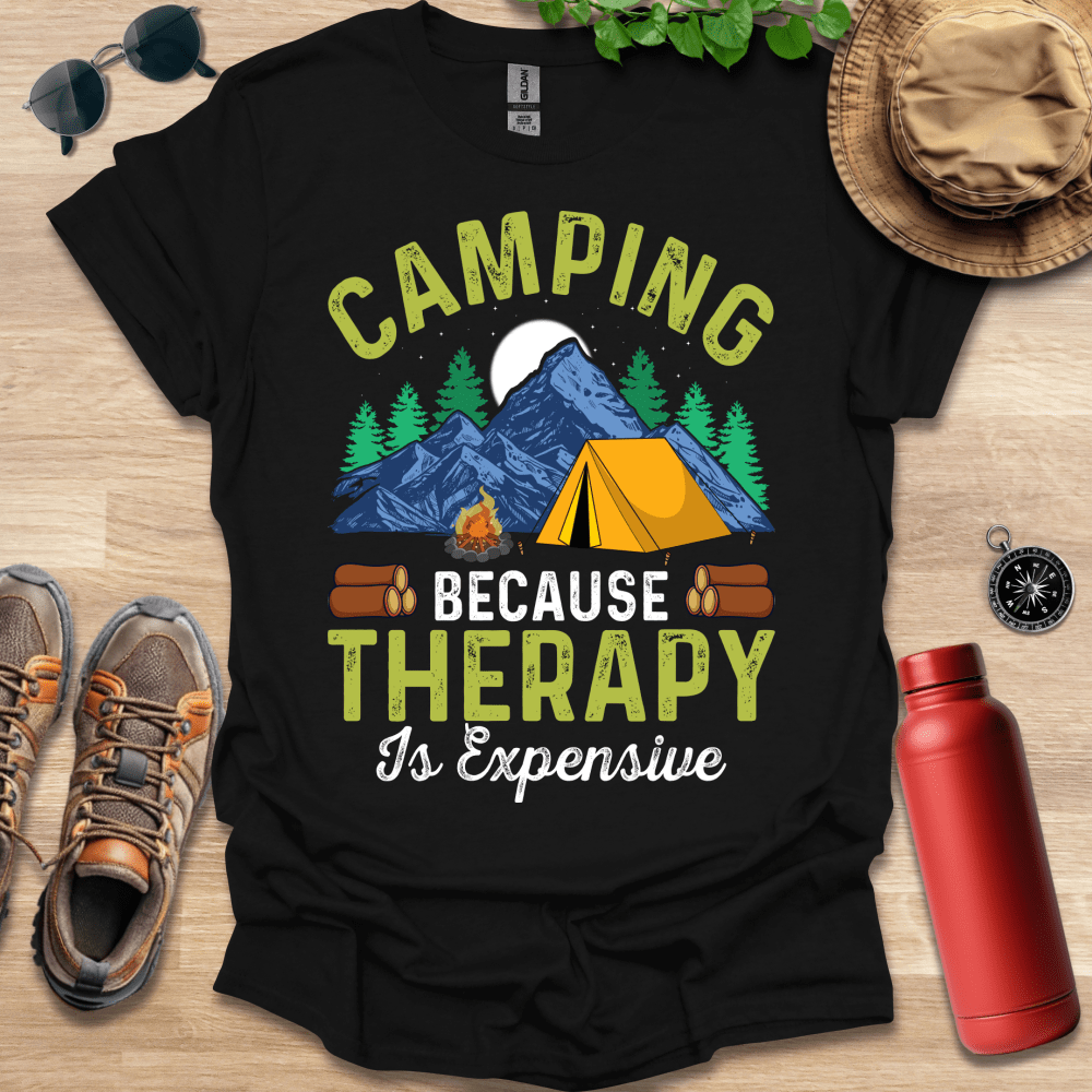 a shirt that says camping because therapy is expensive