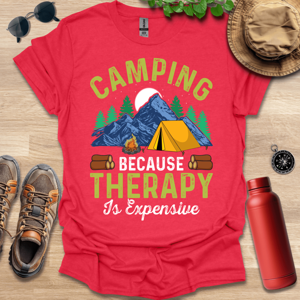 a red shirt that says camping because therapy is expensive