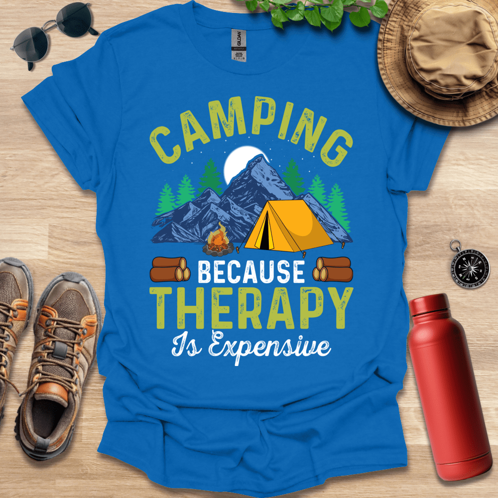 a blue shirt that says camping because therapy is expensive