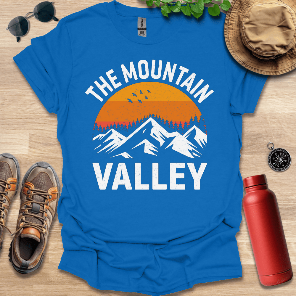 a blue shirt with the words the mountain valley on it