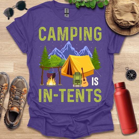 a purple shirt that says camping is intent