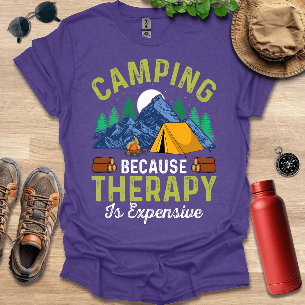 a purple shirt that says camping because therapy is expensive