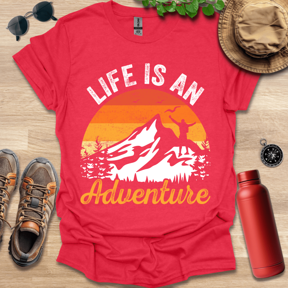 a red shirt that says life is an adventure