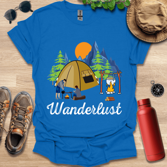 a blue shirt with a picture of a camper and a tent