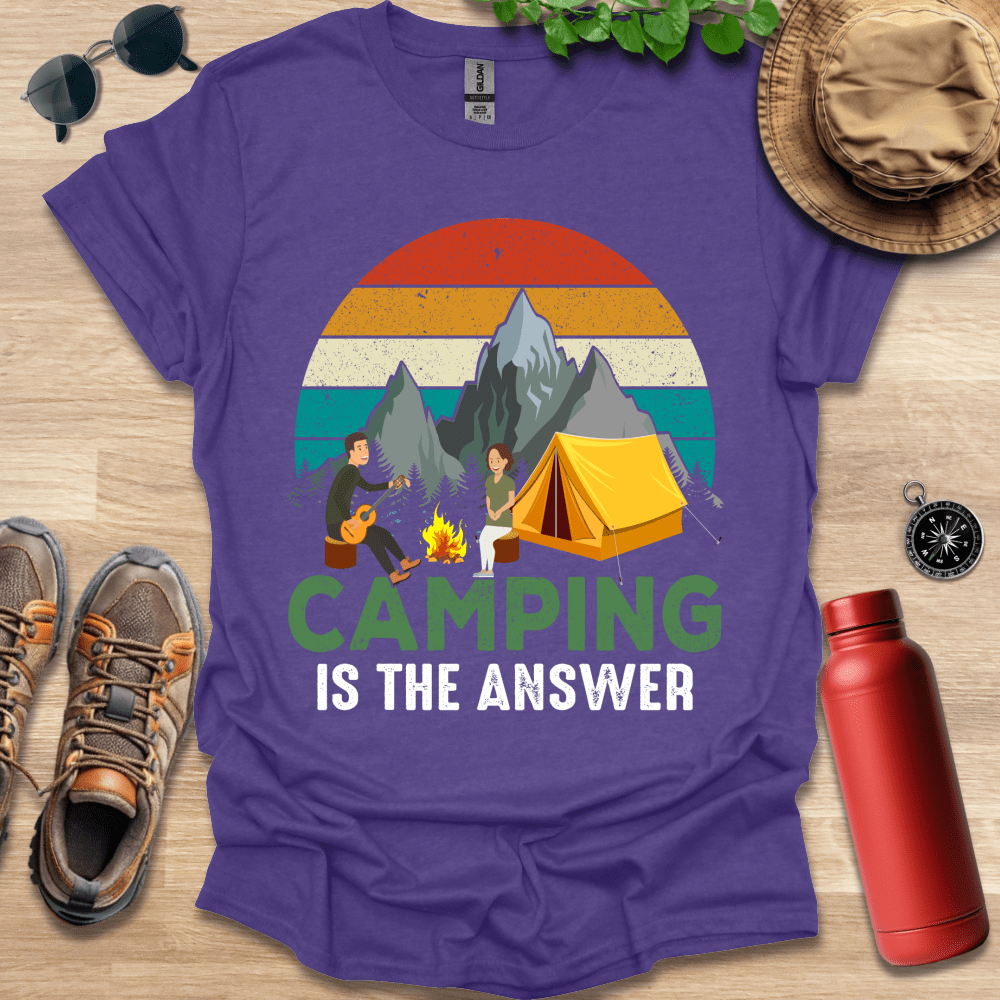 a purple shirt that says camping is the answer