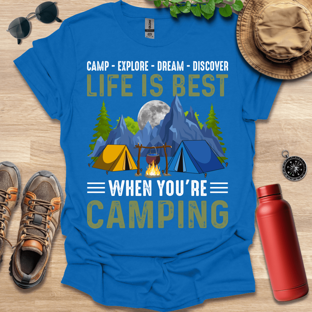 a blue shirt that says camp explore dream discovery life is best when you're