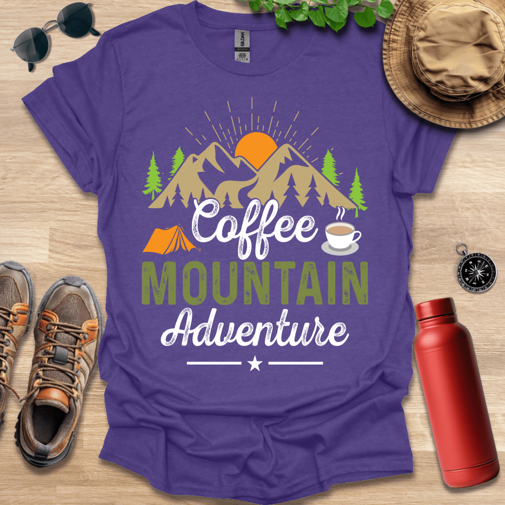 a purple shirt that says coffee mountain adventure