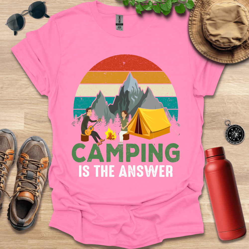 a pink shirt that says camping is the answer