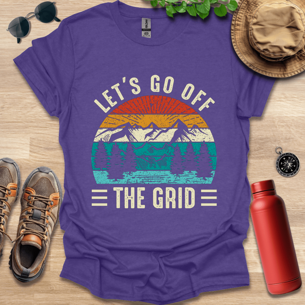 a purple shirt that says let's go off the grid