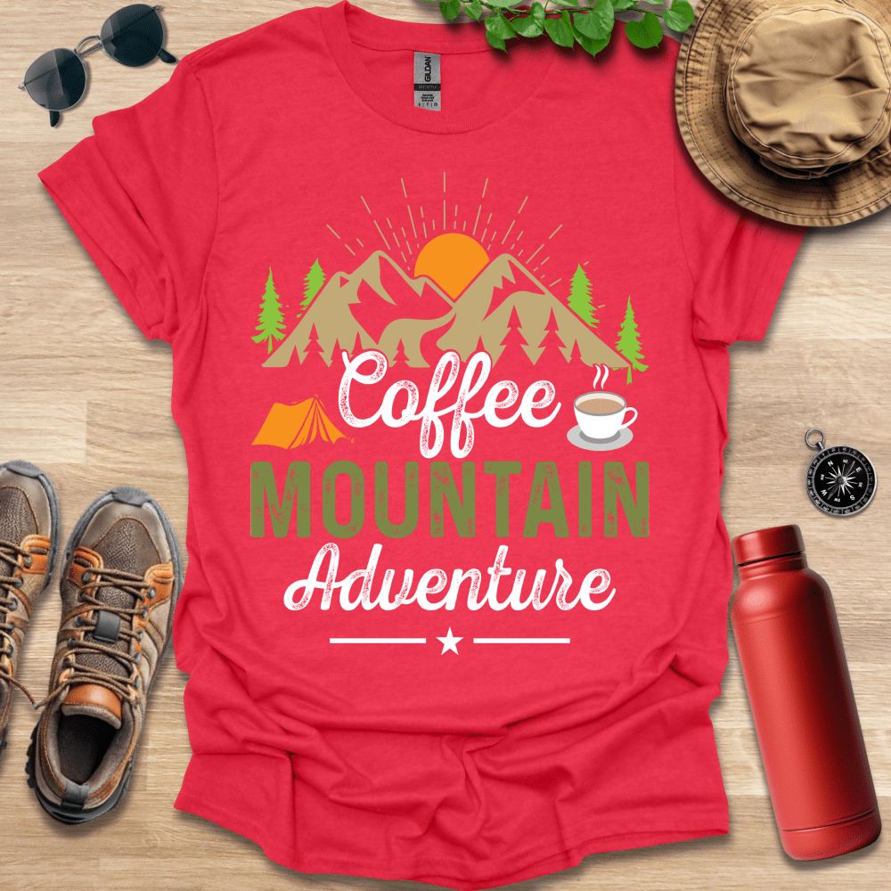 a red shirt that says coffee mountain adventure