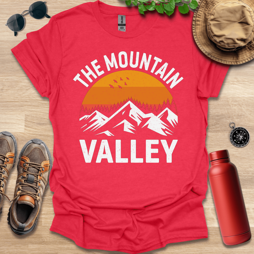 a red shirt with the words the mountain valley on it