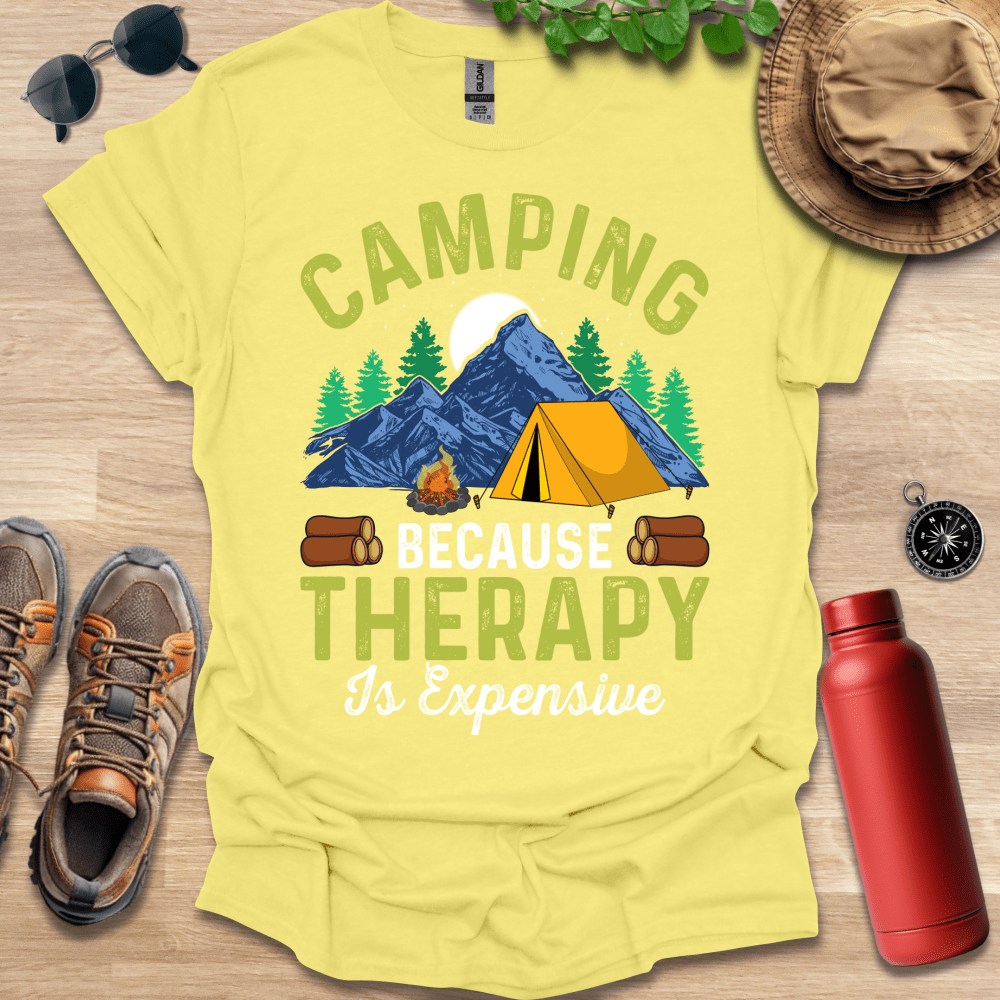 a t - shirt that says camping because therapy is expensive