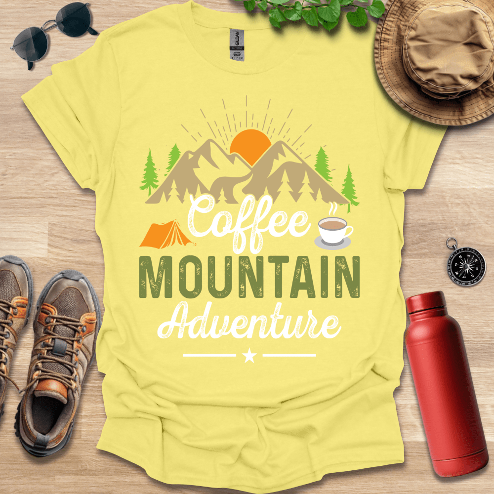 a t - shirt that says coffee mountain adventure